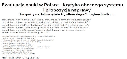 Notka bibliograficzna artykulu Ewaluacja nauki w Polscie - krytyka obecnego systemu i propozycje naprawy