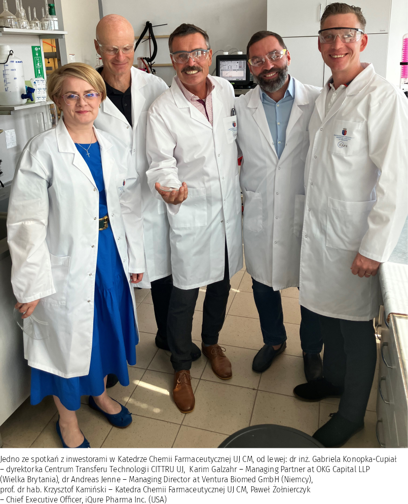 od lewej, dr inż Gabriela Konopka-Cupiał (CITTRU UJ), Karim Galzahr (OKG Capital LLP), dr Andreas Jenne (Ventura Biomed GmbH, prof. dr hab. Krzysztof Kamiński (Katedra Chemii Farmaceutycznej, UJ CM), Paweł Żołnierczyk (iQure Pharma Inc.)